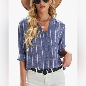 Kwoki Women's V Neck Button Striped Shirt Top